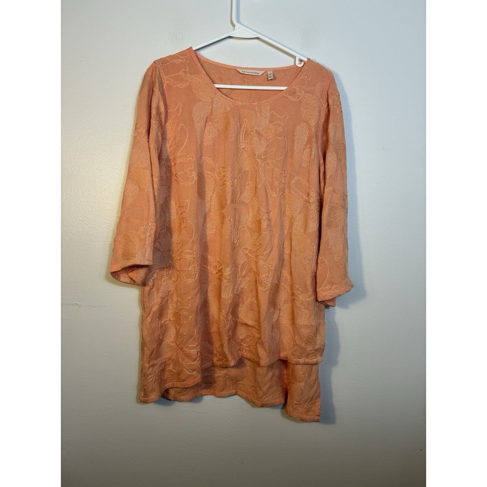SOFT SURROUNDINGS‎ Cecile Top Embroidered Peach Tunic Sz M 3/4 Sleeve Boho